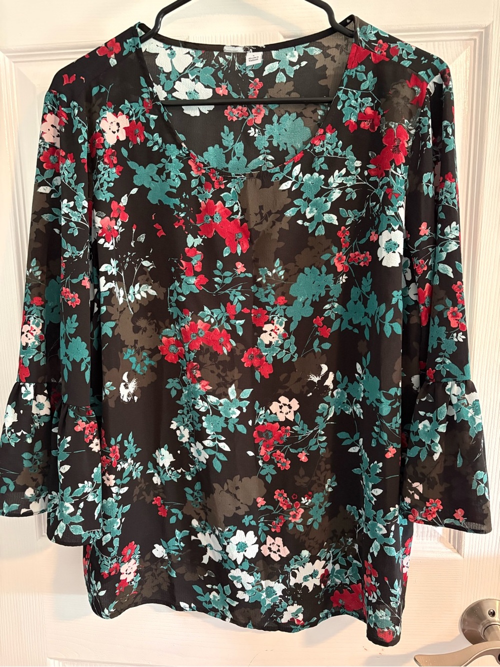 Women’s Black Floral Blouse with Bell Sleeves